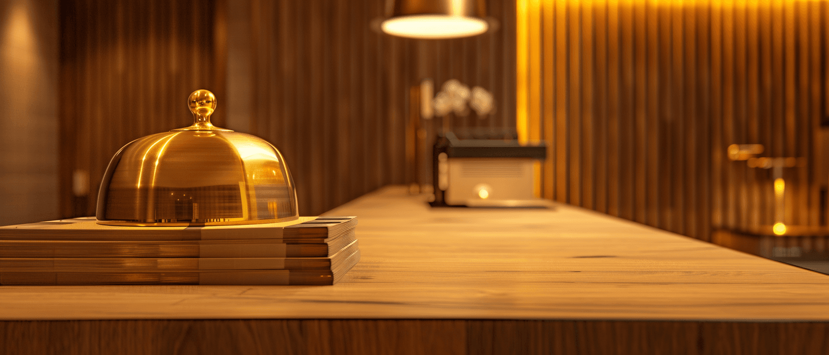 Boutique hotel reception desk with a brass bell on warm wood
