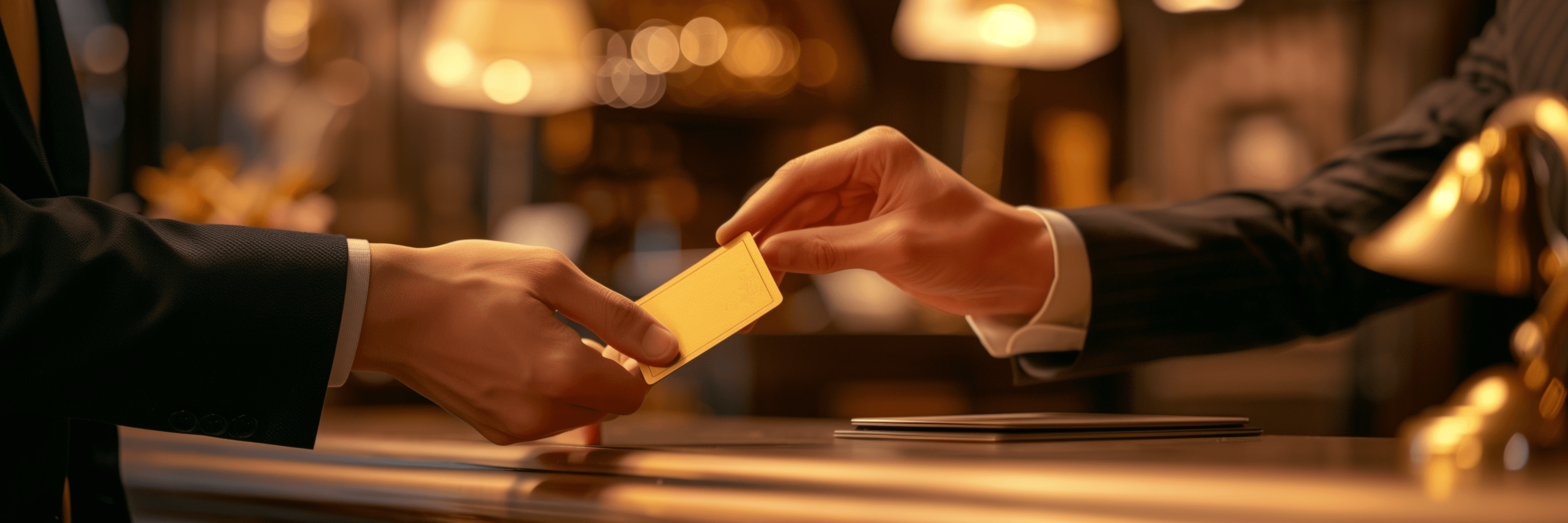 Receptionist handing a golden key card to a guest across a warm, elegant hotel front desk