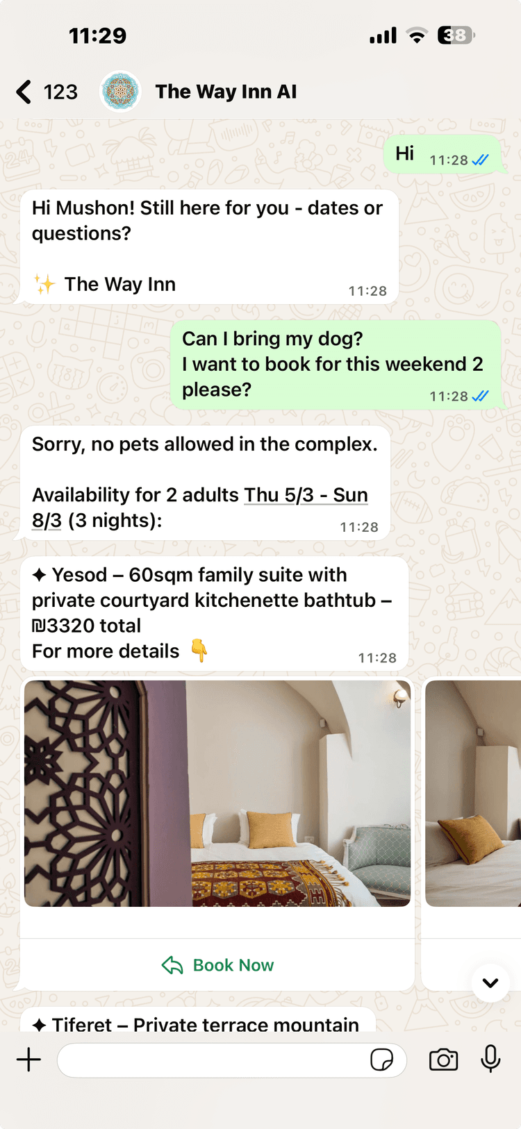 vGuest AI responding to a guest on WhatsApp — availability check, booking, and room photos in seconds